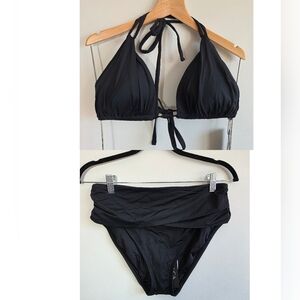 La Blanca Black Bikini Set Size 10 Triangle Halter Top High Waist Bottoms NWT